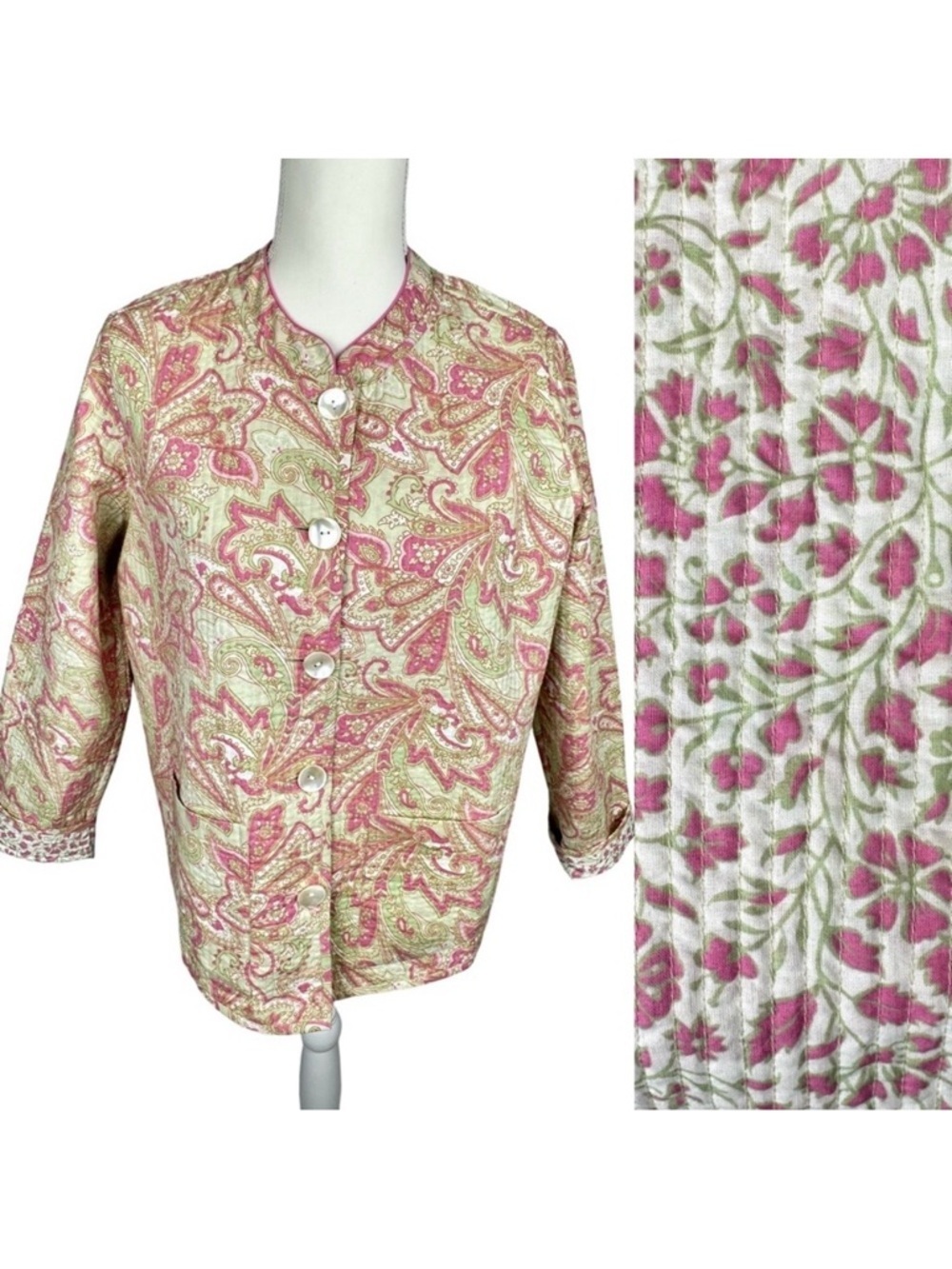 Nomadic Traders Quilted Jacket Reversible Pink Green Paisley Pockets Medium